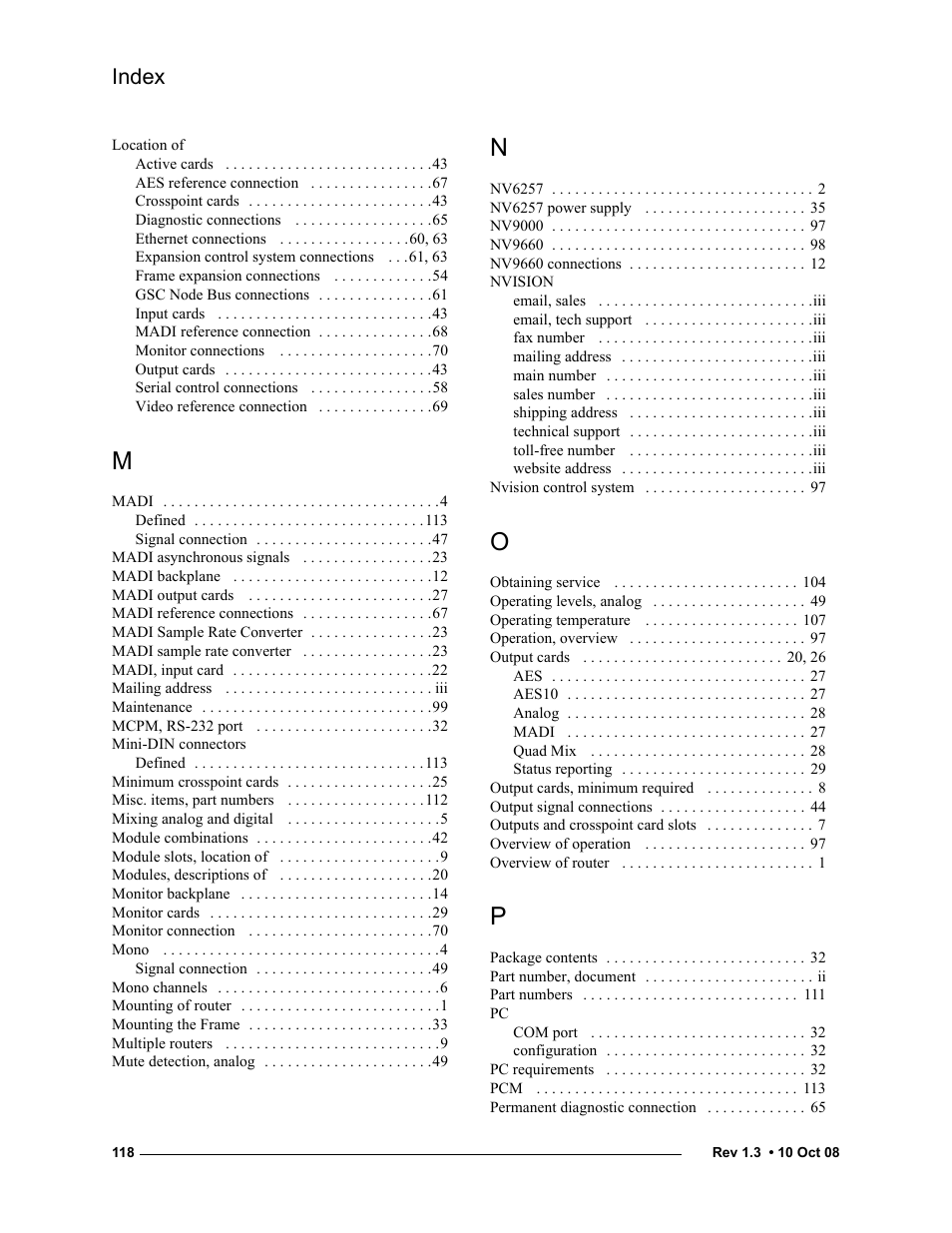 Index | Grass Valley NV7512 v.1.3 User Manual | Page 128 / 130