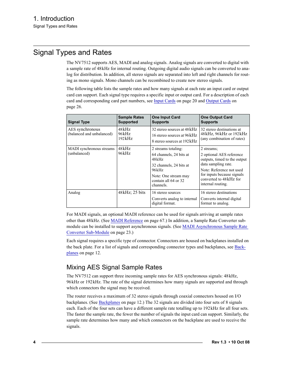 Signal types and rates, Mixing aes signal sample rates, Signal | Types and rates, Introduction | Grass Valley NV7512 v.1.3 User Manual | Page 14 / 130