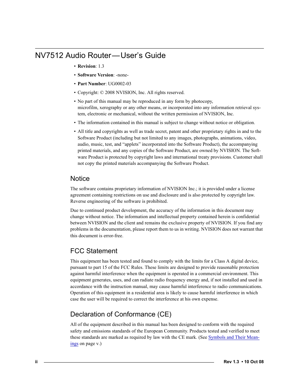 Nv7512 audio router, User’s guide, Notice | Fcc statement, Declaration of conformance (ce) | Grass Valley NV7512 v.1.3 User Manual | Page 2 / 130
