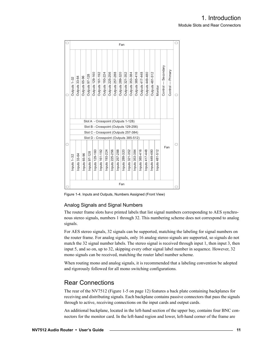 Analog signals and signal numbers, Rear connections, Introduction | Grass Valley NV7512 v.1.3 User Manual | Page 21 / 130