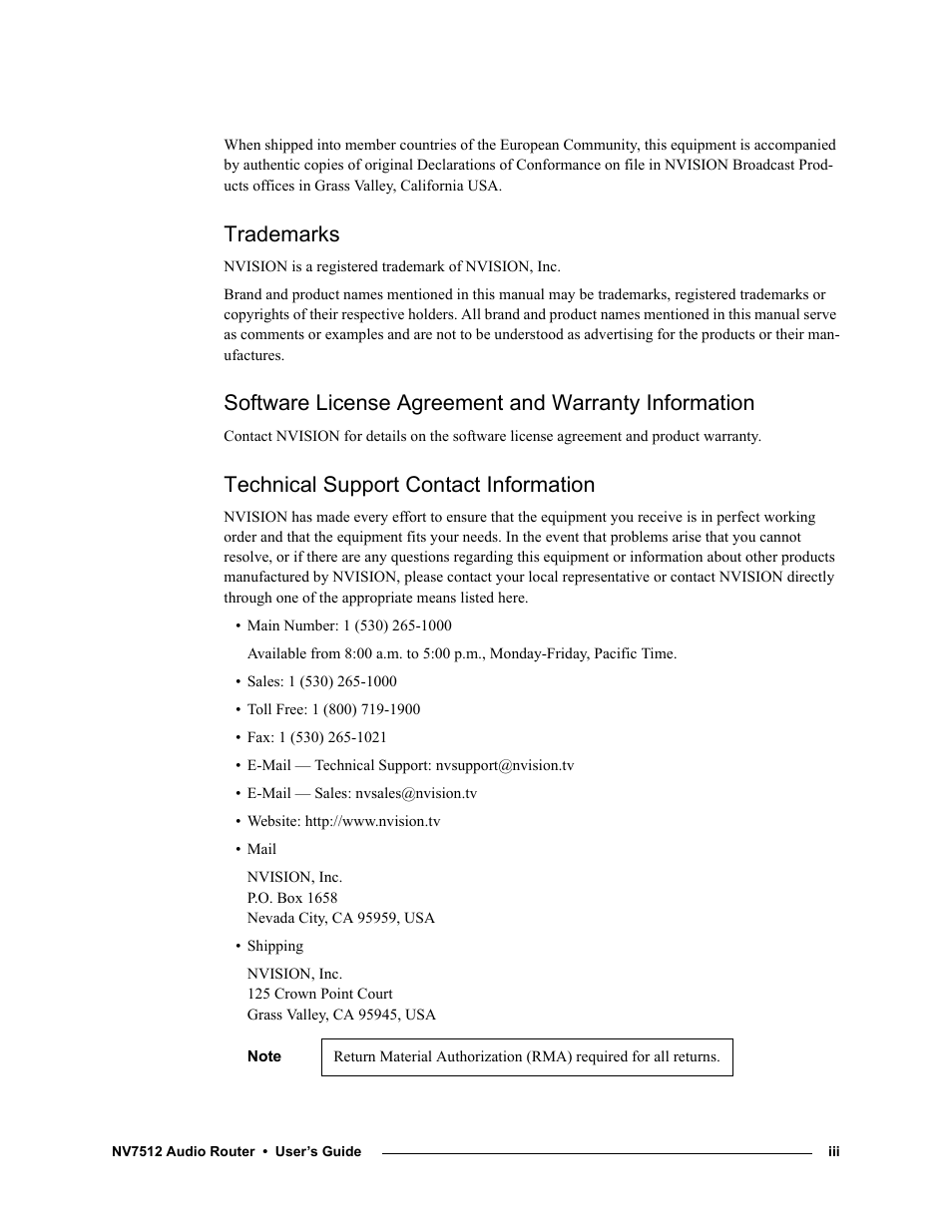 Trademarks, Technical support contact information | Grass Valley NV7512 v.1.3 User Manual | Page 3 / 130