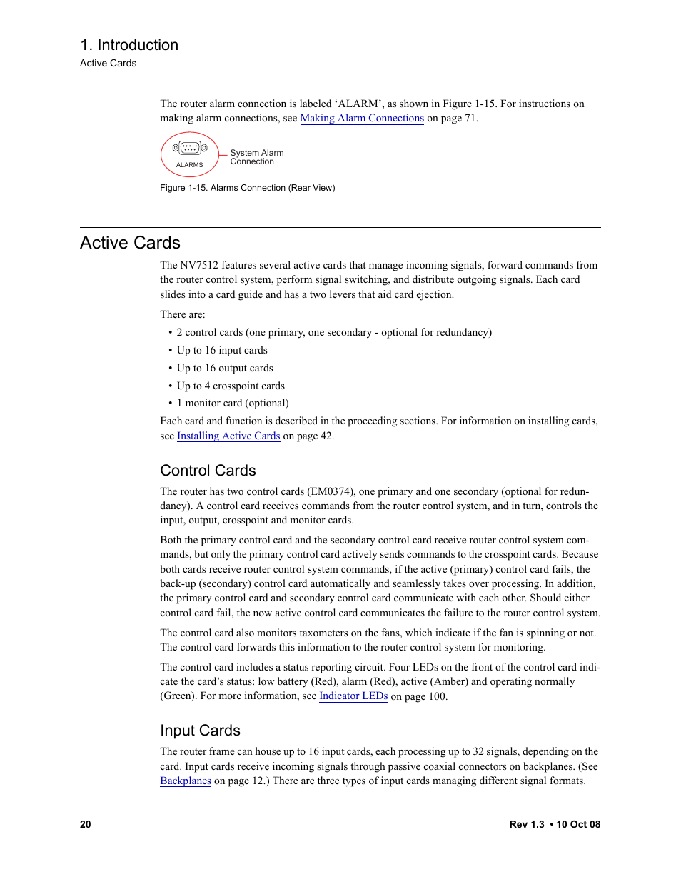 Active cards, Control cards, Input cards | Control cards input cards, L card. (see, Control card. (see, Introduction | Grass Valley NV7512 v.1.3 User Manual | Page 30 / 130