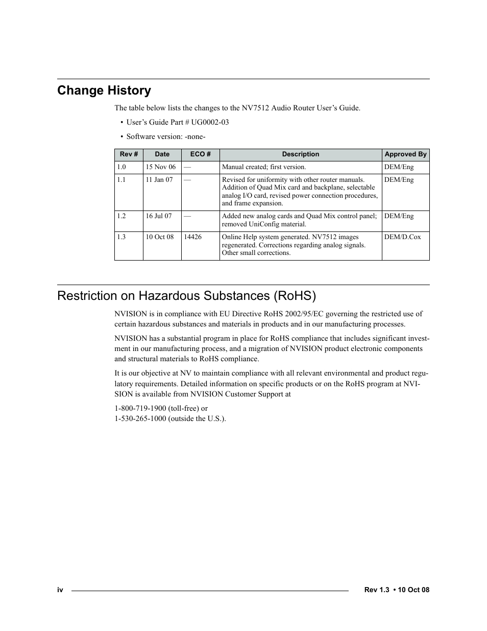 Change history, Restriction on hazardous substances (rohs) | Grass Valley NV7512 v.1.3 User Manual | Page 4 / 130