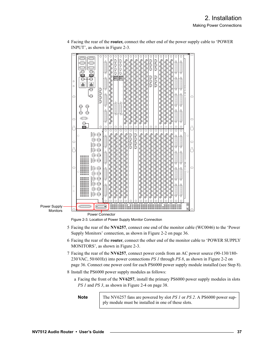 Installation, Vac, 50/60, Making power connections | Power connector power supply monitors | Grass Valley NV7512 v.1.3 User Manual | Page 47 / 130