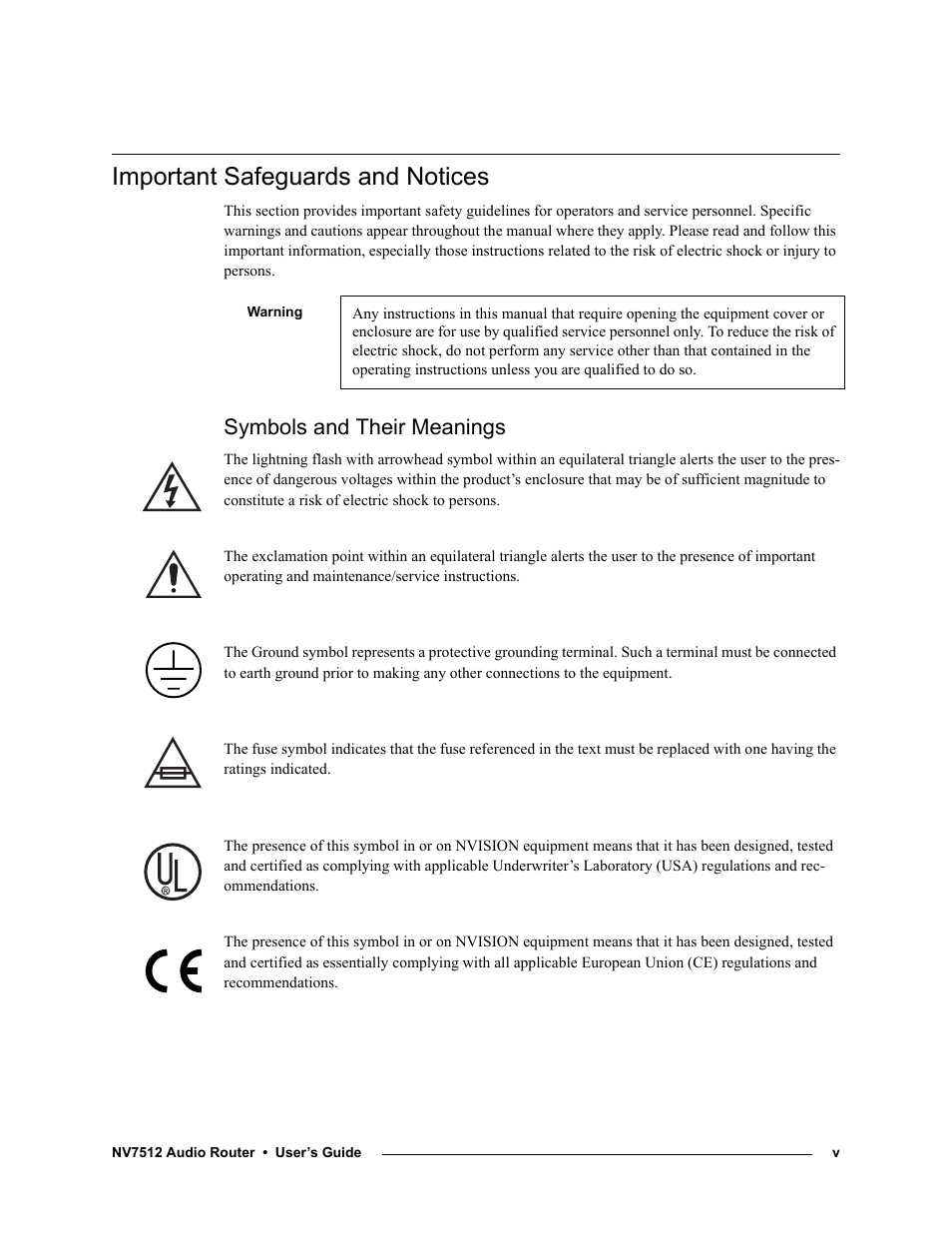 Important safeguards and notices, Symbols and their meanings | Grass Valley NV7512 v.1.3 User Manual | Page 5 / 130