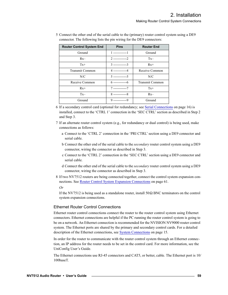 Ethernet router control connections, Installation | Grass Valley NV7512 v.1.3 User Manual | Page 69 / 130