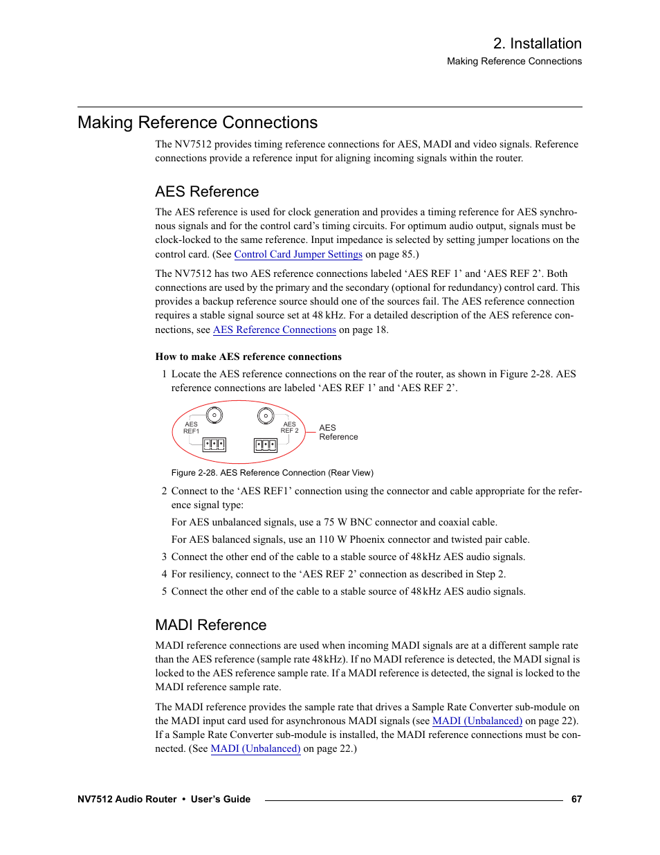 Making reference connections, Aes reference, Madi reference | Aes reference madi reference, Khz. (see, Andards. (see, Connected. (see, Ing reference connections, Ion, see, Installation | Grass Valley NV7512 v.1.3 User Manual | Page 77 / 130