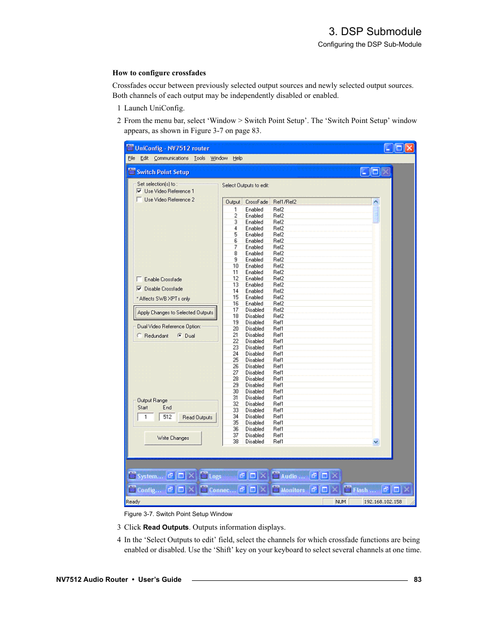 3 click read outputs. outputs information displays, Dsp submodule | Grass Valley NV7512 v.1.3 User Manual | Page 93 / 130