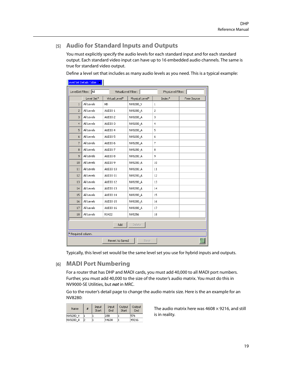 Audio for standard inputs and outputs, Madi port numbering | Grass Valley DHP v.1.1 User Manual | Page 27 / 66