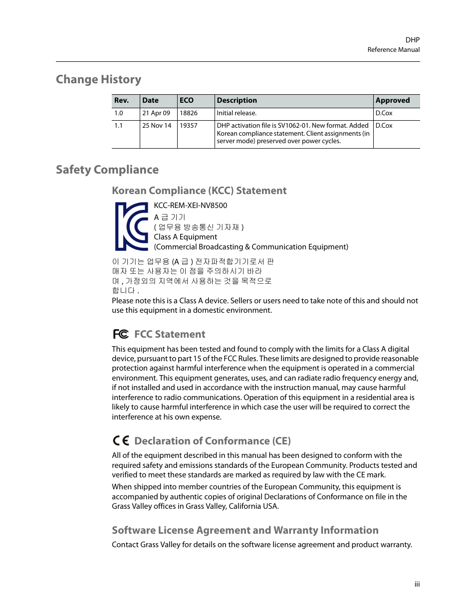 Change history safety compliance, Korean compliance (kcc) statement, Fcc statement | Declaration of conformance (ce) | Grass Valley DHP v.1.1 User Manual | Page 3 / 66