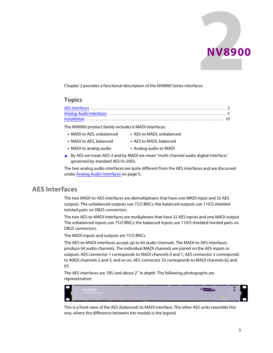 Nv8900, Aes interfaces, 2 nv8900 | Chapter 2, Descr, Topics | Grass Valley NV8900 Series v.1.3 User Manual | Page 11 / 44