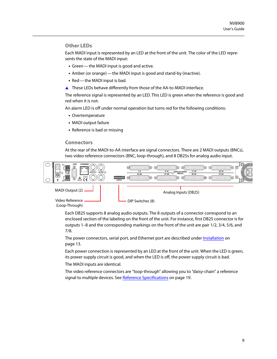 Other leds, Connectors, Other leds connectors | Green, The madi input is good and active, Amber (or orange), The madi input is good and stand-by (inactive), The madi input is bad, Overtemperature, Madi output failure | Grass Valley NV8900 Series v.1.3 User Manual | Page 17 / 44