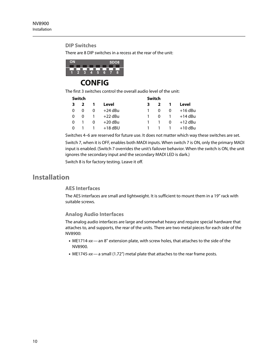 Dip switches, Installation, Aes interfaces | Analog audio interfaces, Aes interfaces analog audio interfaces, Config | Grass Valley NV8900 Series v.1.3 User Manual | Page 18 / 44