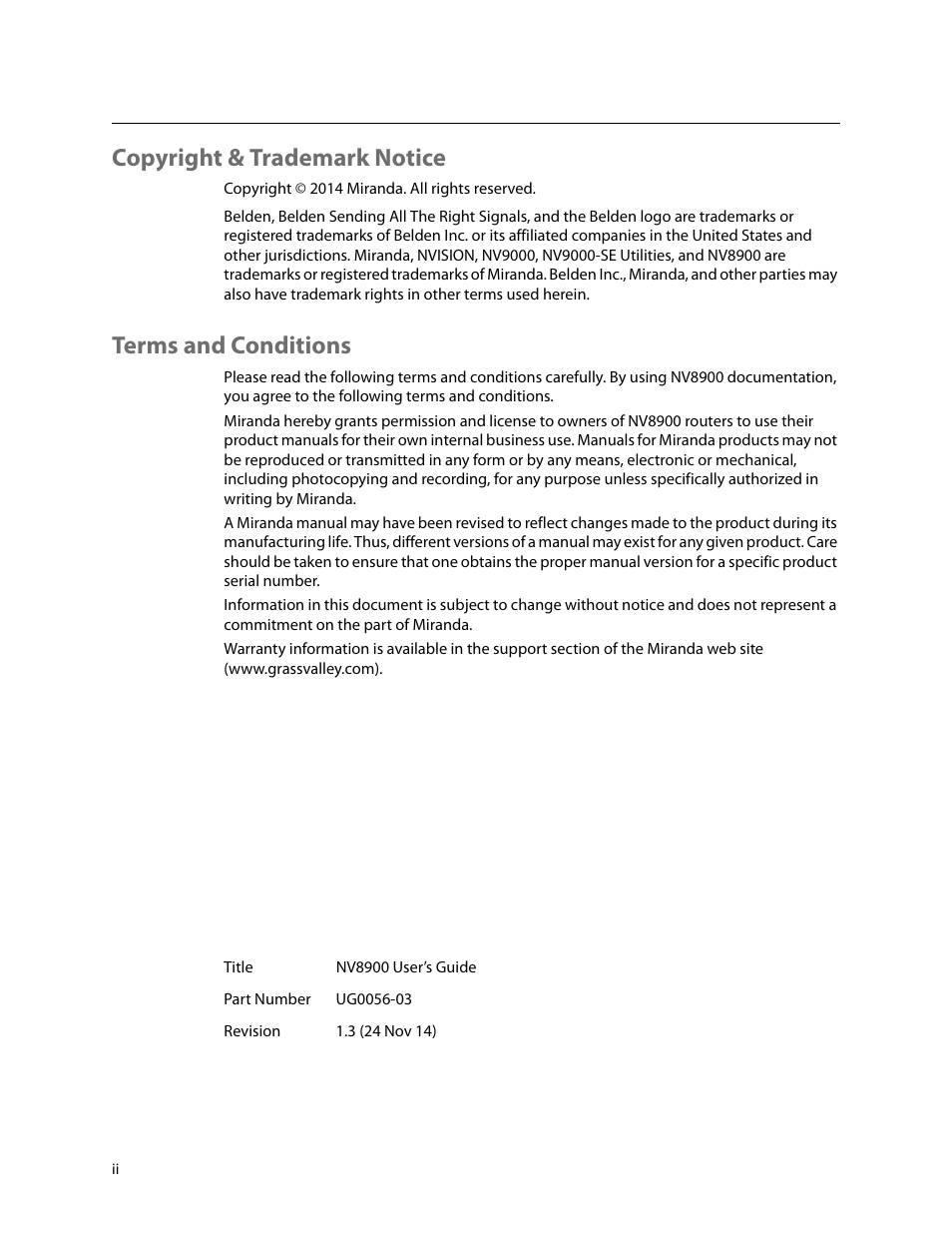 Copyright & trademark notice, Terms and conditions | Grass Valley NV8900 Series v.1.3 User Manual | Page 2 / 44