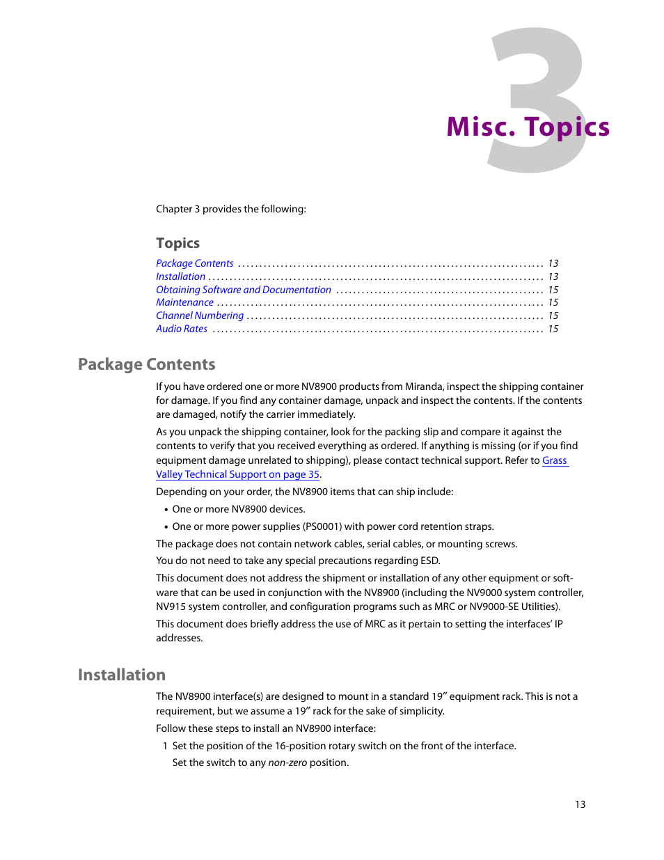 Misc. topics, Package contents, Installation | 3 misc. topics, Package contents installation, Chapter 3, Topics | Grass Valley NV8900 Series v.1.3 User Manual | Page 21 / 44