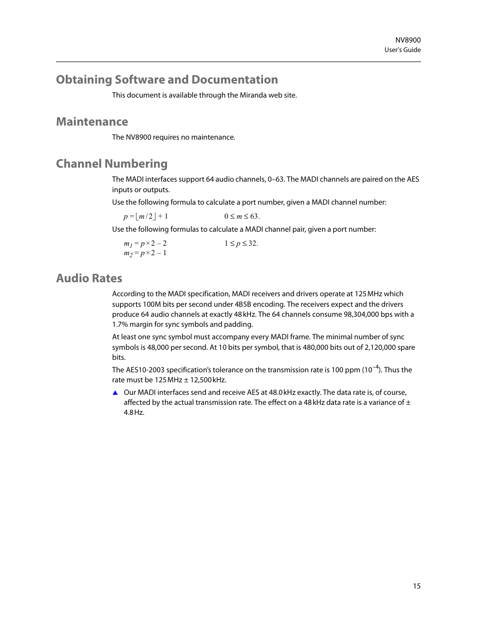 Obtaining software and documentation, Maintenance, Channel numbering | Audio rates | Grass Valley NV8900 Series v.1.3 User Manual | Page 23 / 44