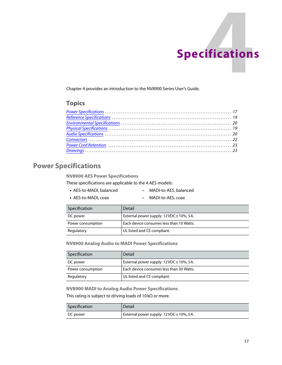 Specifications, Power specifications, 4 specifications | Chapter 4, Topics | Grass Valley NV8900 Series v.1.3 User Manual | Page 25 / 44