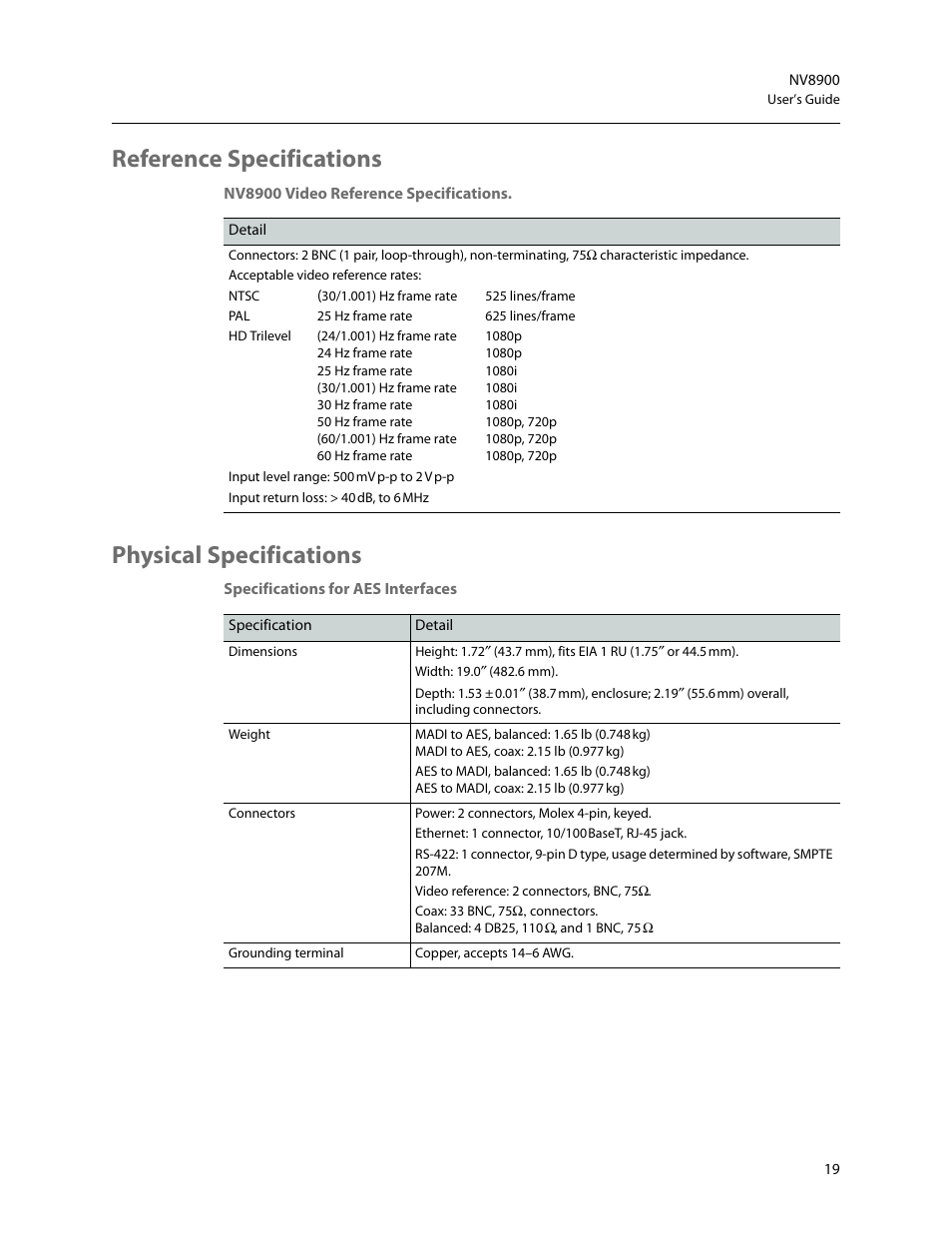 Reference specifications, Physical specifications, Reference specifications physical specifications | Grass Valley NV8900 Series v.1.3 User Manual | Page 27 / 44