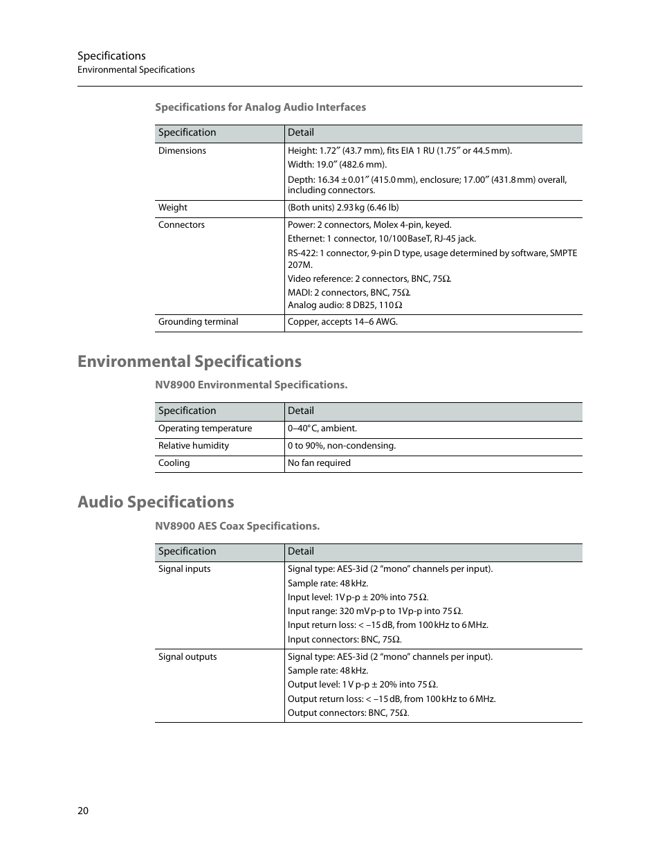 Environmental specifications, Audio specifications, Environmental specifications audio specifications | Grass Valley NV8900 Series v.1.3 User Manual | Page 28 / 44