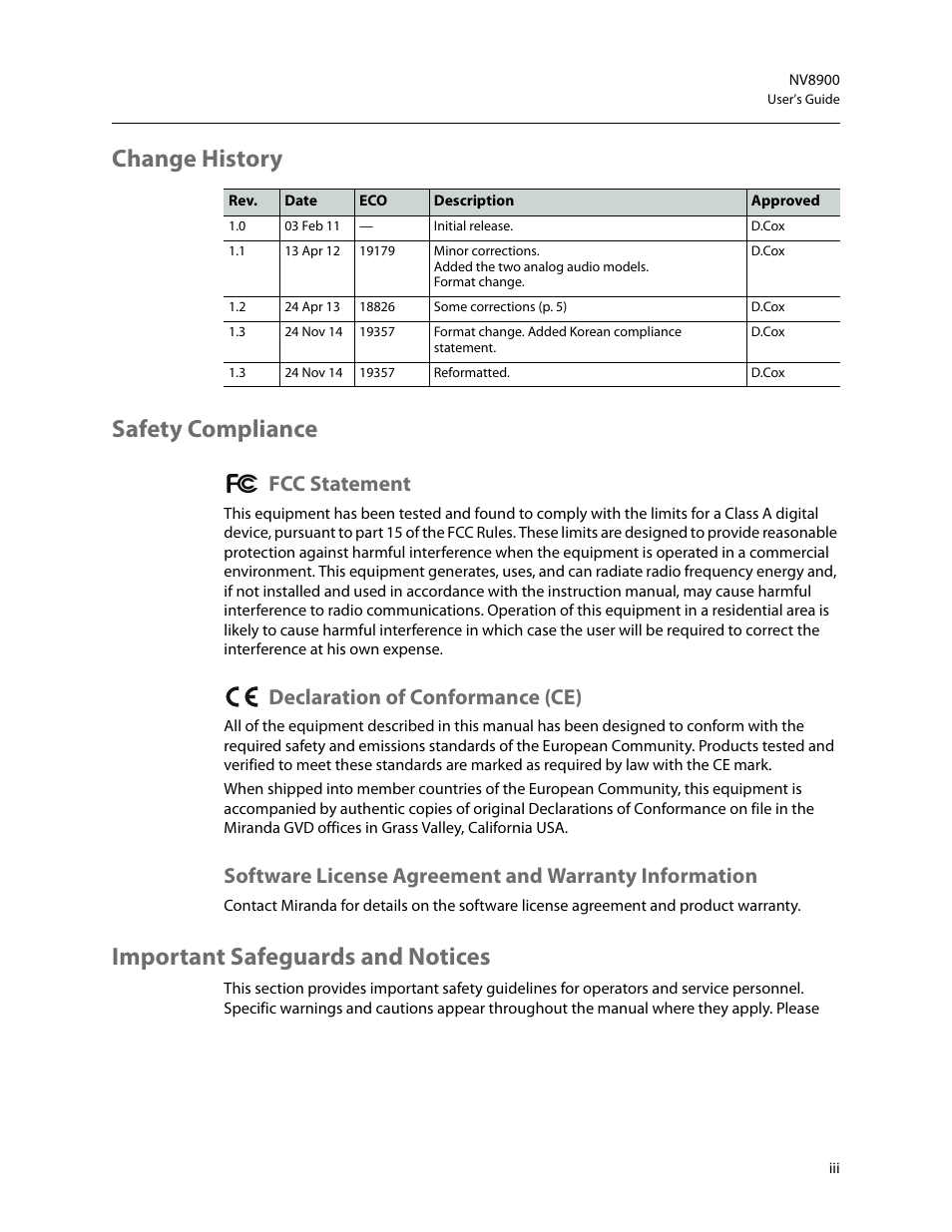 Change history safety compliance, Important safeguards and notices, Fcc statement | Declaration of conformance (ce) | Grass Valley NV8900 Series v.1.3 User Manual | Page 3 / 44