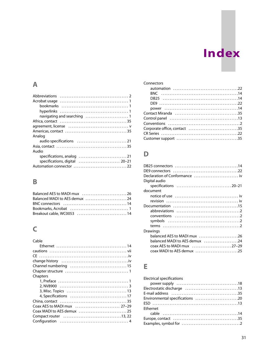 Index | Grass Valley NV8900 Series v.1.3 User Manual | Page 39 / 44