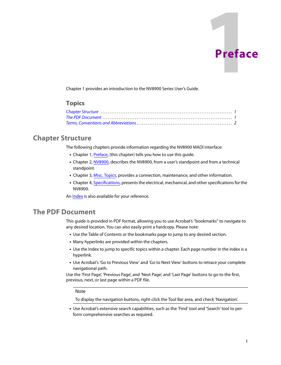 Preface, Chapter structure, The pdf document | 1 preface, Chapter structure the pdf document, Topics | Grass Valley NV8900 Series v.1.3 User Manual | Page 9 / 44