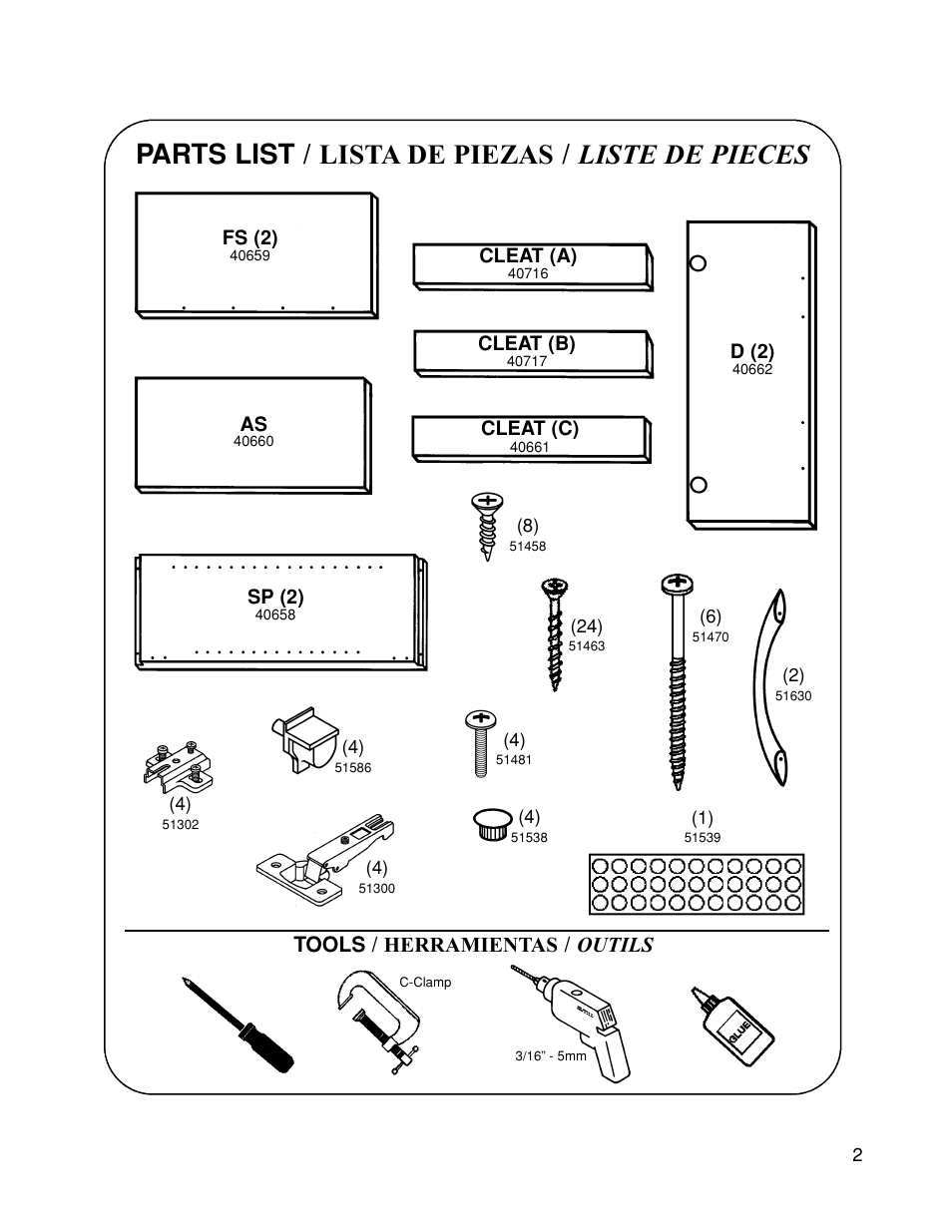 Parts list / lista de piezas / liste de pieces, Tools / herramientas / outils | Closet Maid 12317 User Manual | Page 2 / 10