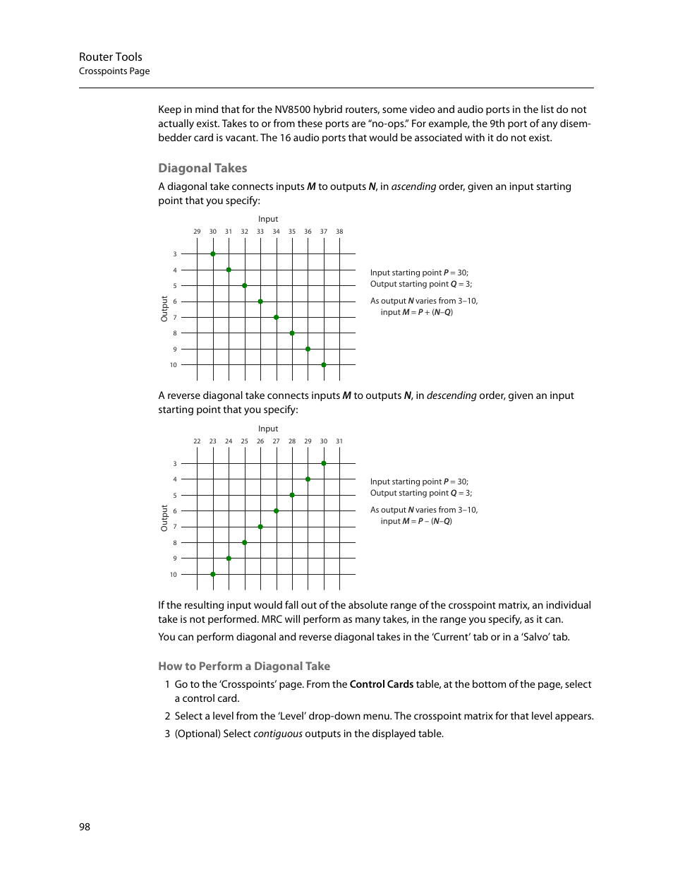 Diagonal takes, Router tools, How to perform a diagonal take | Grass Valley MRC v.1.2 User Manual | Page 108 / 186