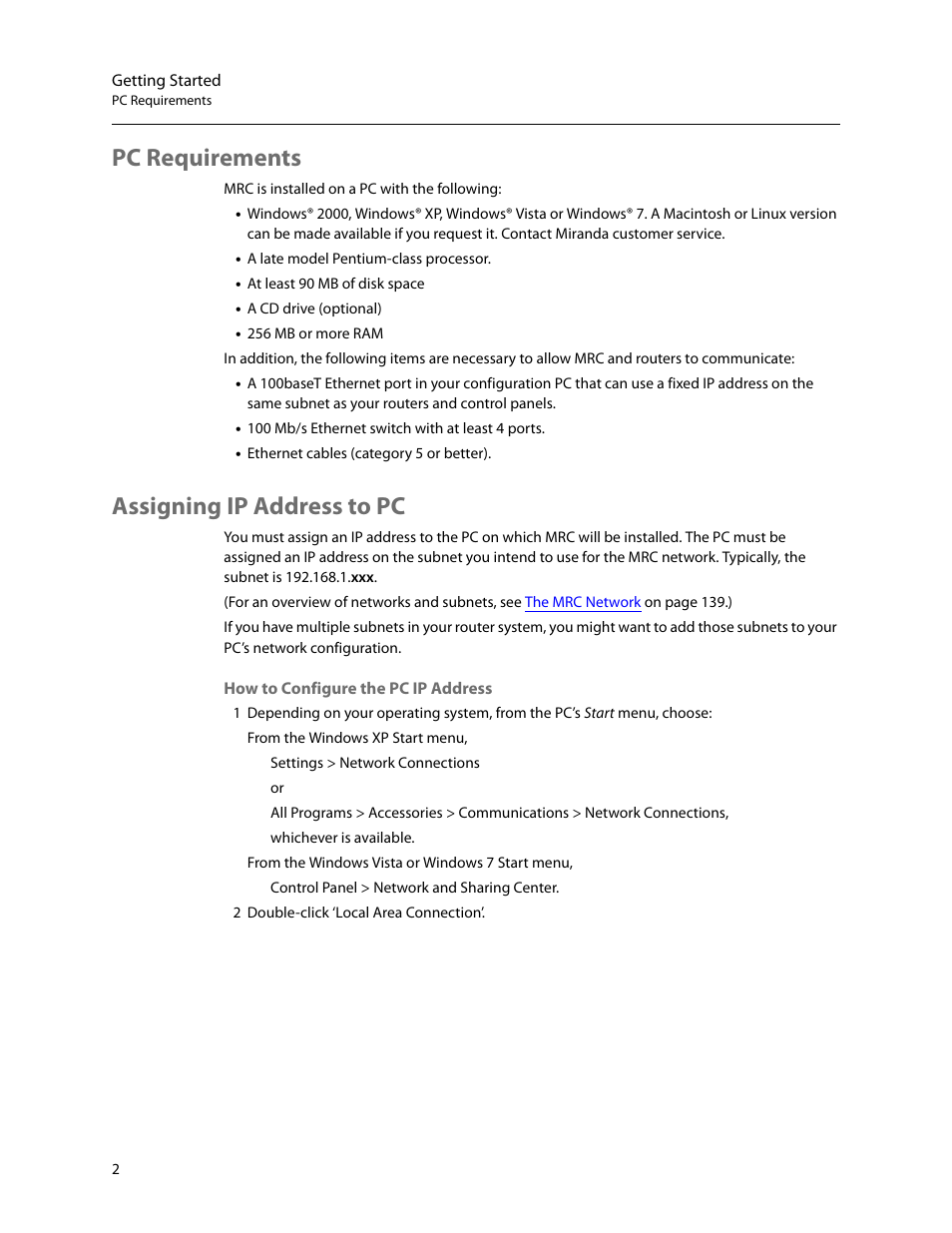 Pc requirements, Assigning ip address to pc, Pc requirements assigning ip address to pc | Grass Valley MRC v.1.2 User Manual | Page 12 / 186