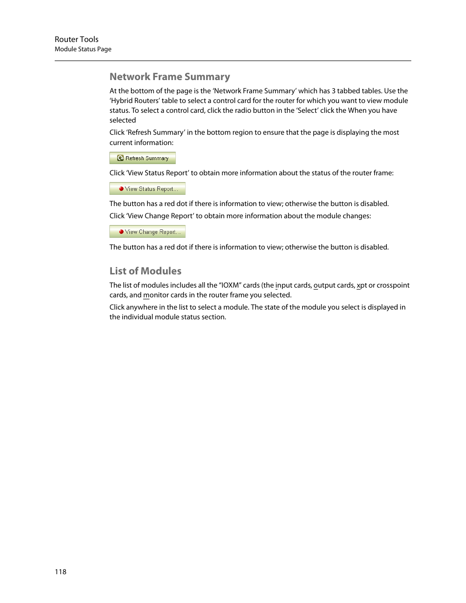 Network frame summary, List of modules, Network frame summary list of modules | Grass Valley MRC v.1.2 User Manual | Page 128 / 186