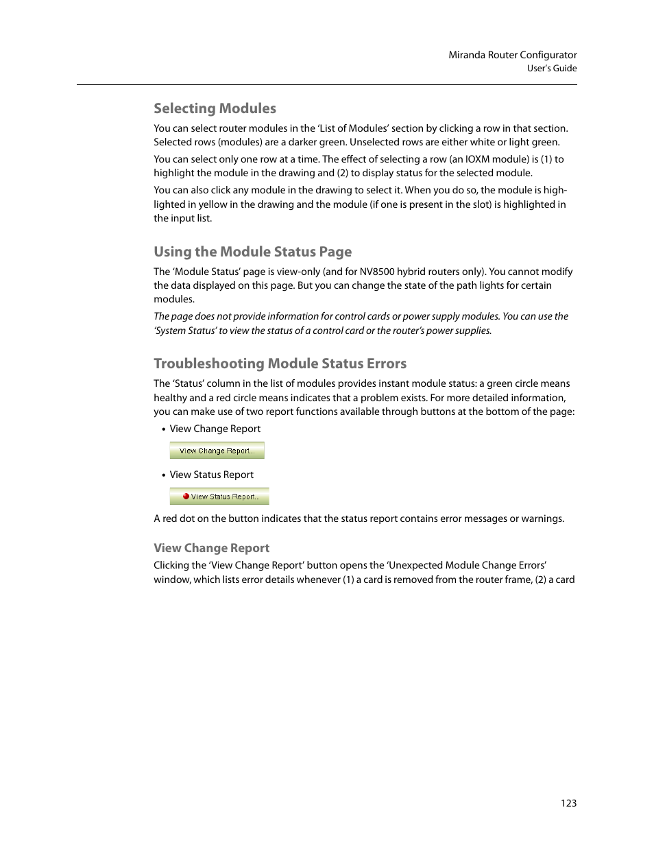 Selecting modules, Troubleshooting module status errors, View change report | Using the module status page | Grass Valley MRC v.1.2 User Manual | Page 133 / 186