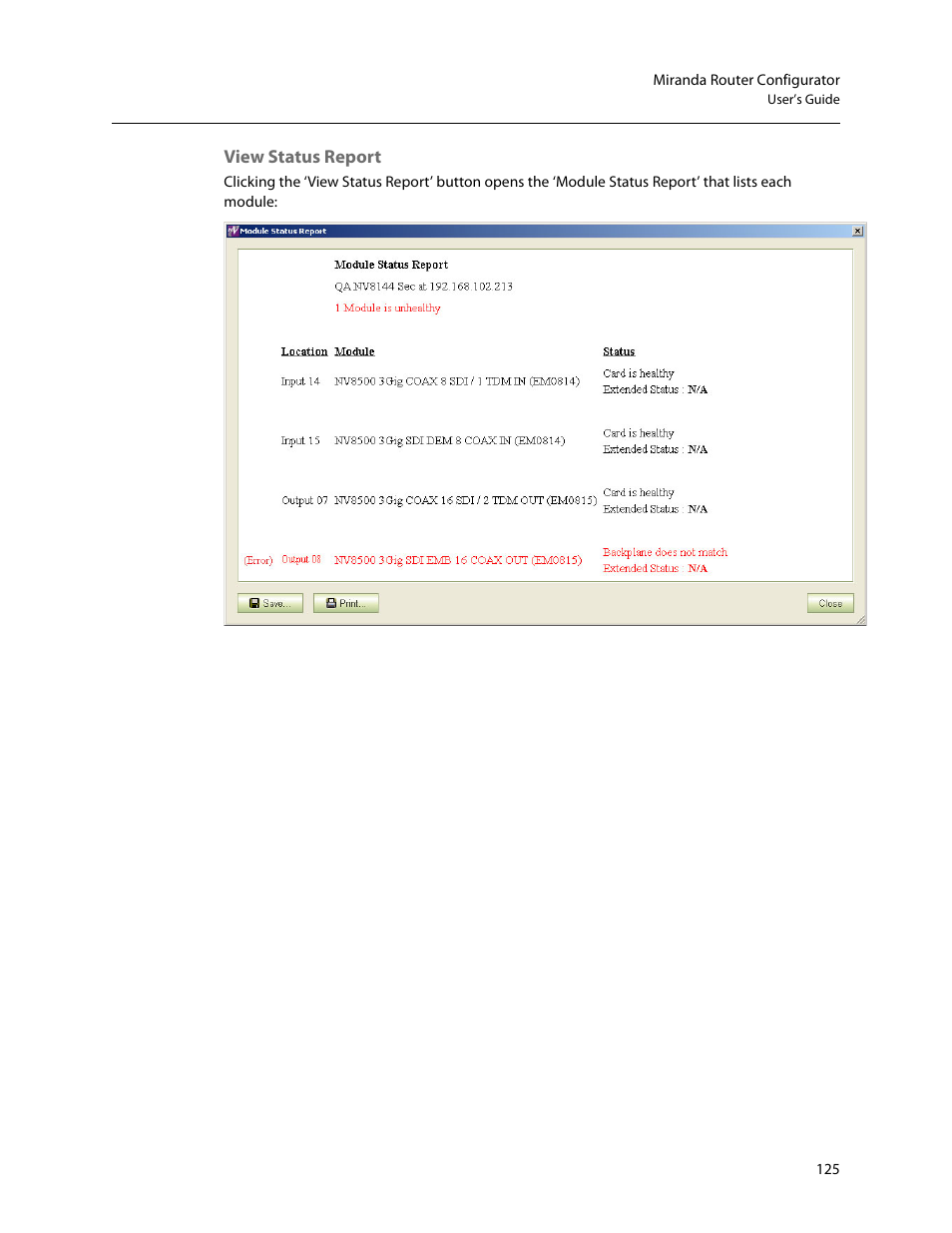 View status report | Grass Valley MRC v.1.2 User Manual | Page 135 / 186