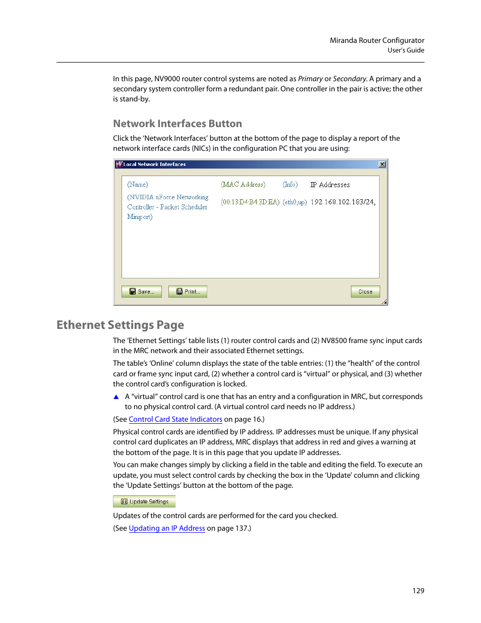Network interfaces button, Ethernet settings page | Grass Valley MRC v.1.2 User Manual | Page 139 / 186