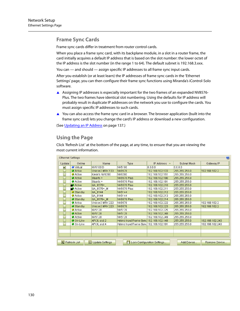 Frame sync cards, Using the page | Grass Valley MRC v.1.2 User Manual | Page 140 / 186