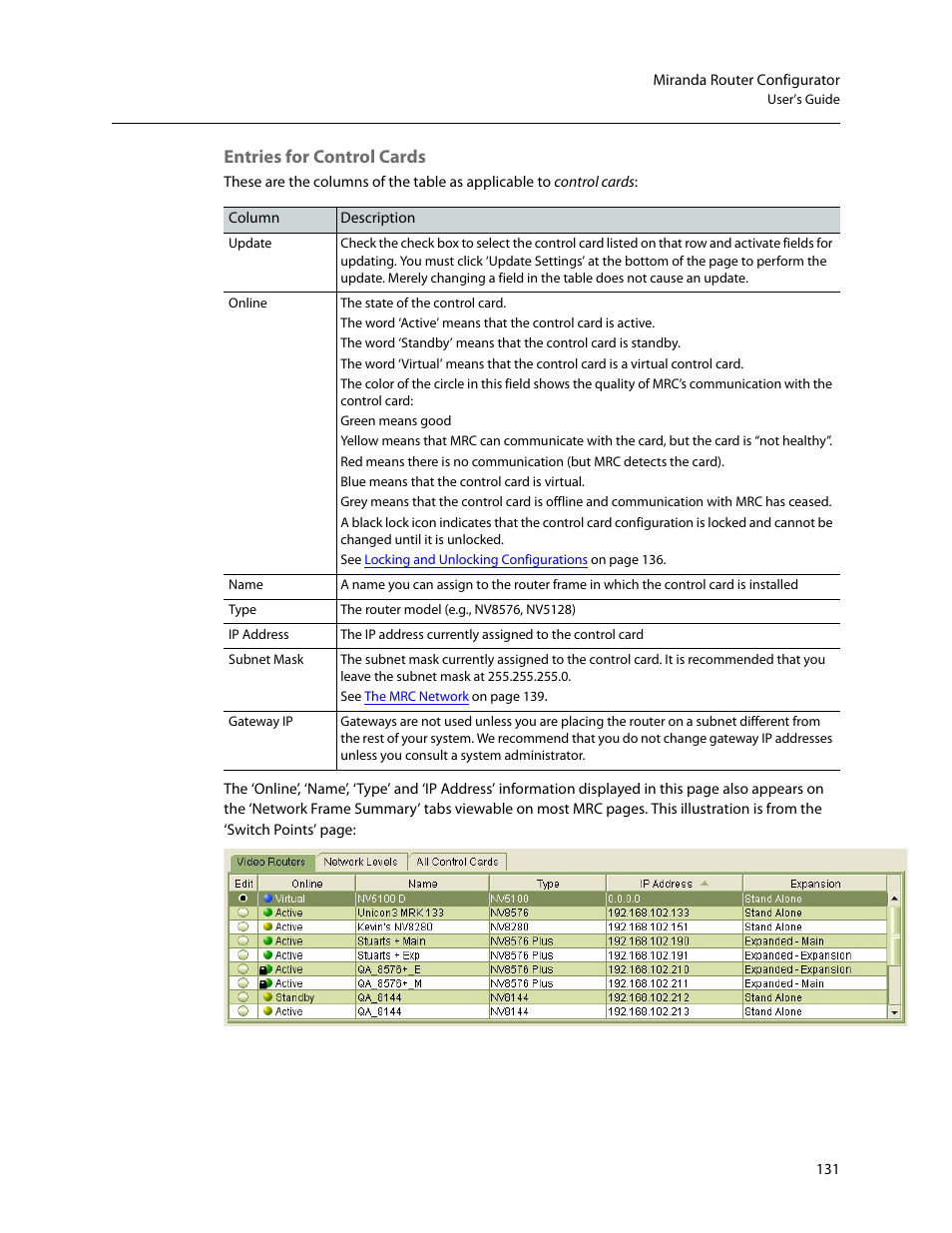 Entries for control cards | Grass Valley MRC v.1.2 User Manual | Page 141 / 186
