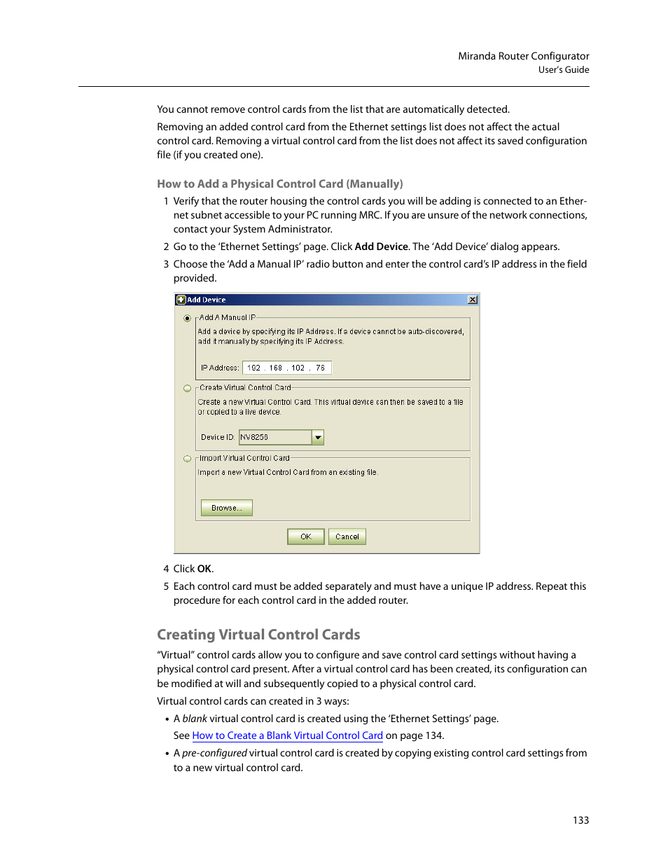Creating virtual control cards, Creating vir, Tual control cards | Grass Valley MRC v.1.2 User Manual | Page 143 / 186