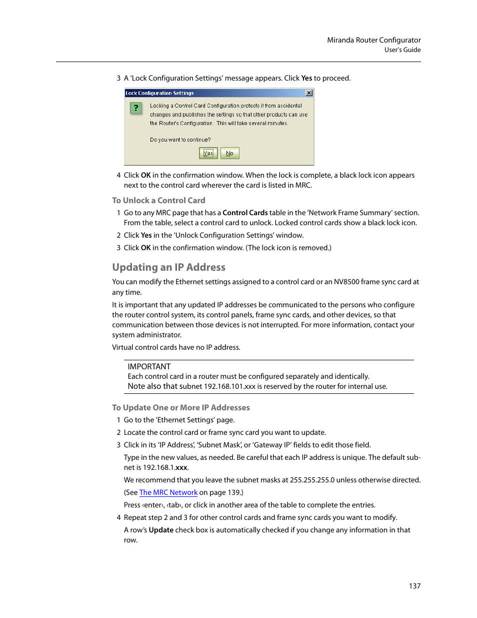 Updating an ip address | Grass Valley MRC v.1.2 User Manual | Page 147 / 186
