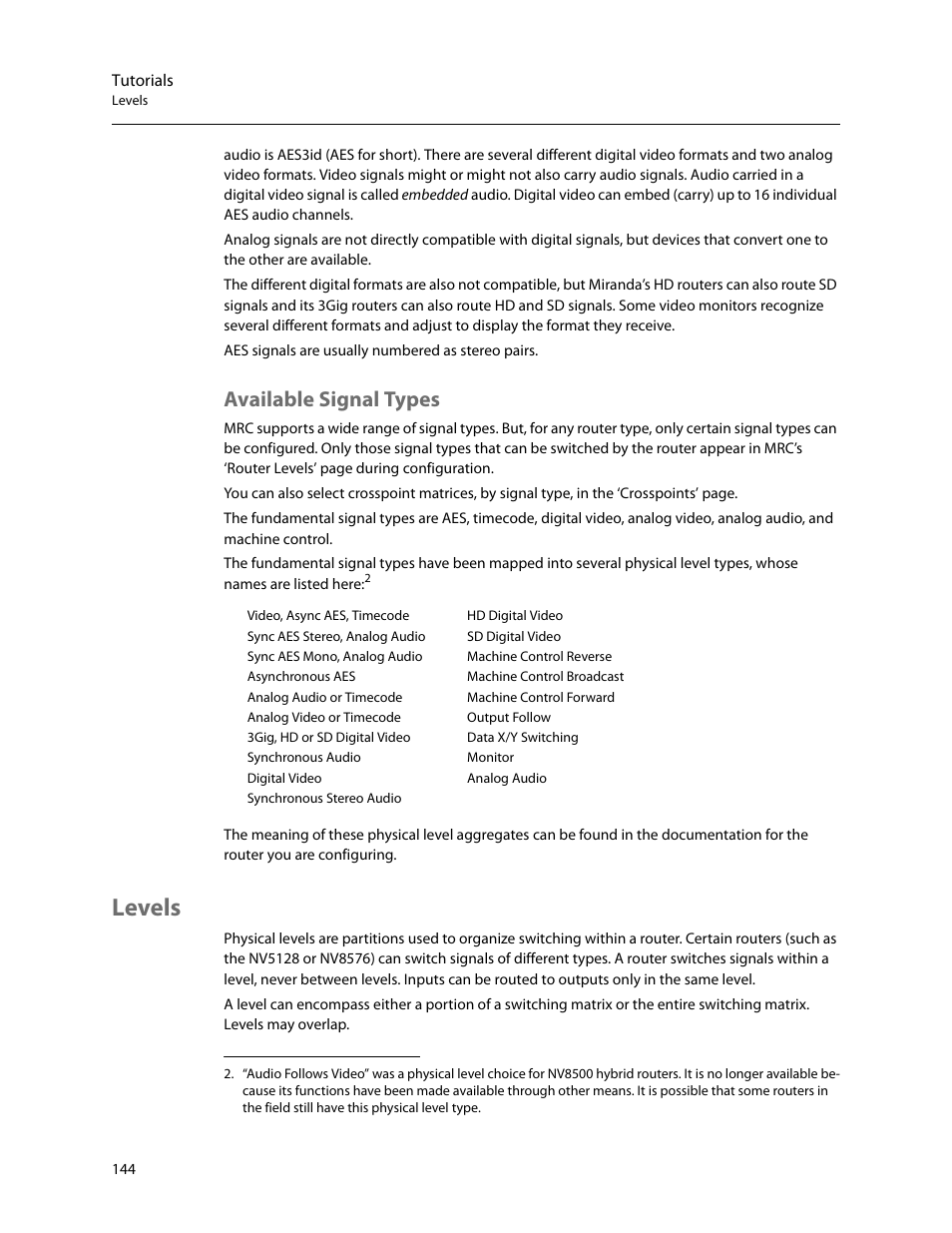 Available signal types, Levels | Grass Valley MRC v.1.2 User Manual | Page 154 / 186