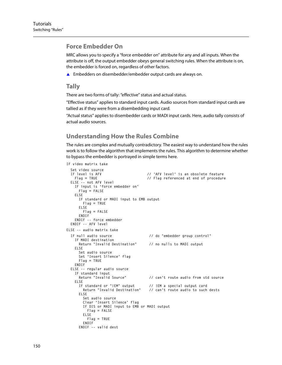 Force embedder on, Tally, Understanding how the rules combine | Tutorials | Grass Valley MRC v.1.2 User Manual | Page 160 / 186