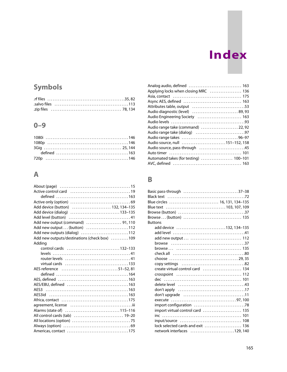 Index, Symbols | Grass Valley MRC v.1.2 User Manual | Page 175 / 186