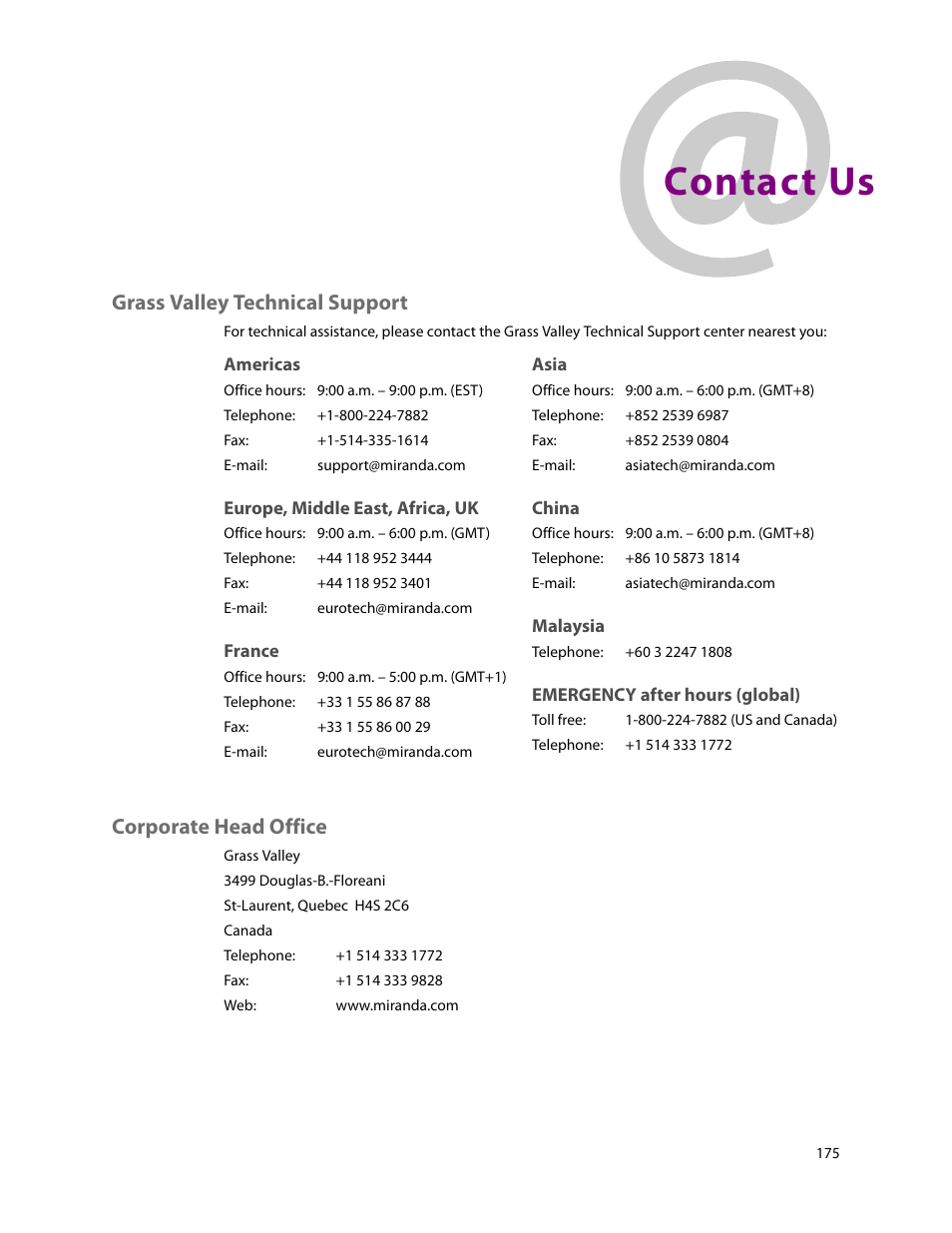 Contact us, Grass valley technical support, Africa, contact | Americas, contact, Asia, contact, China, contact, Contact miranda, Corporate office, contact, Customer support, E-mail address | Grass Valley MRC v.1.2 User Manual | Page 185 / 186