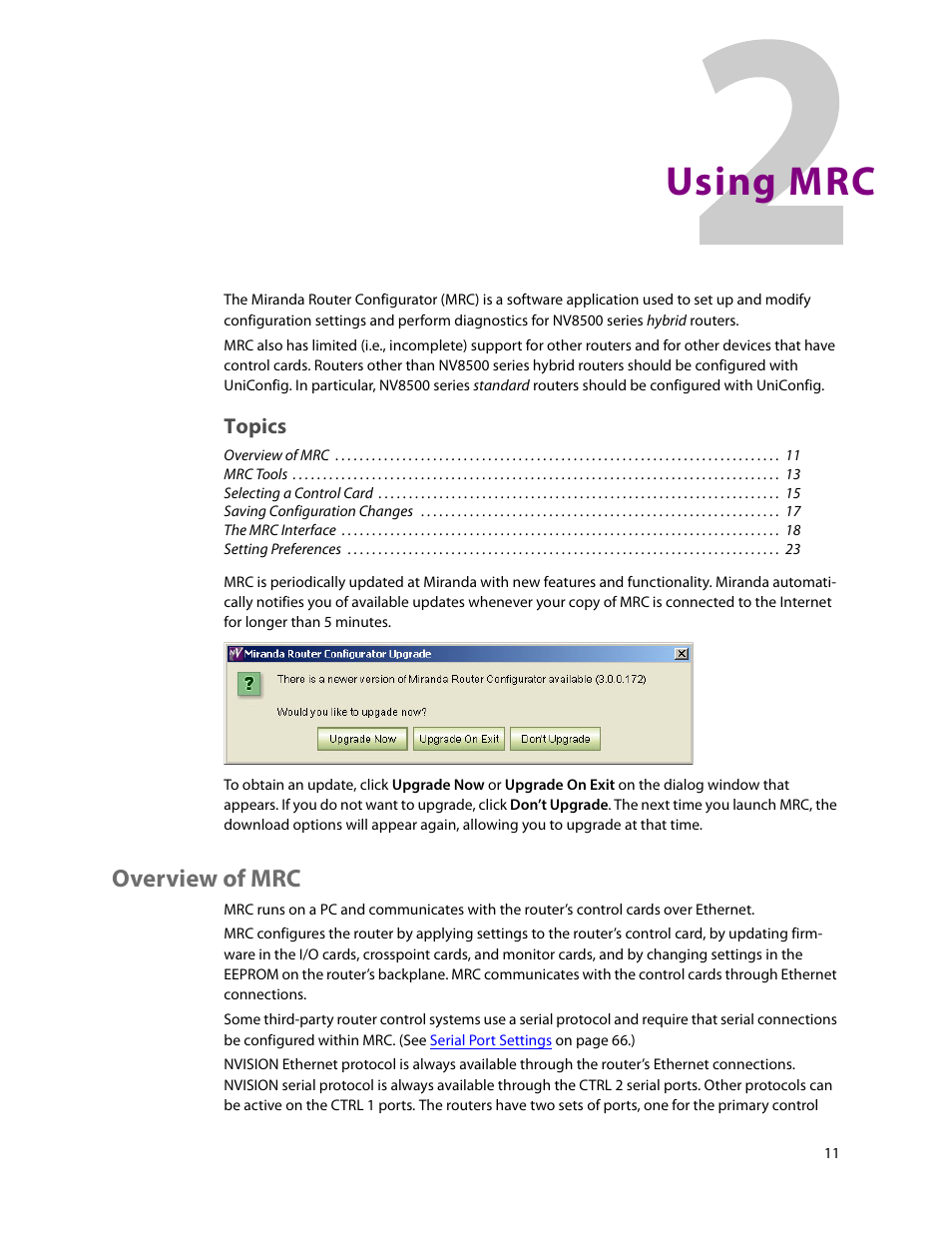 Using mrc, Overview of mrc, 2 using mrc | Grass Valley MRC v.1.2 User Manual | Page 21 / 186
