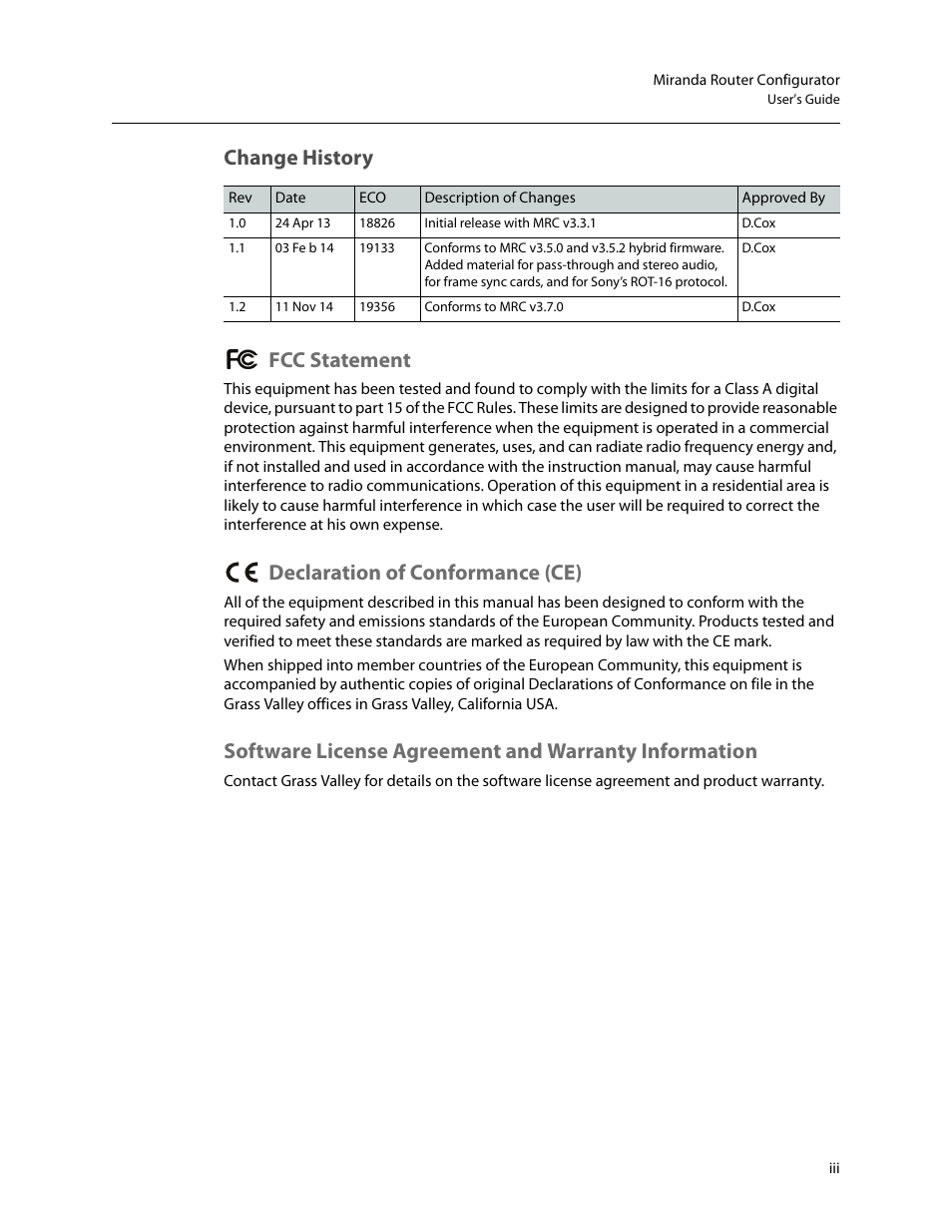 Change history fcc statement, Declaration of conformance (ce) | Grass Valley MRC v.1.2 User Manual | Page 3 / 186
