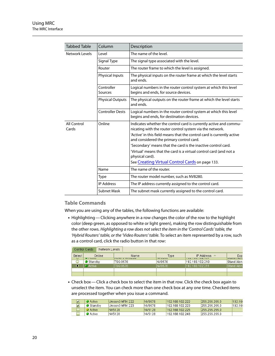 Table commands | Grass Valley MRC v.1.2 User Manual | Page 30 / 186