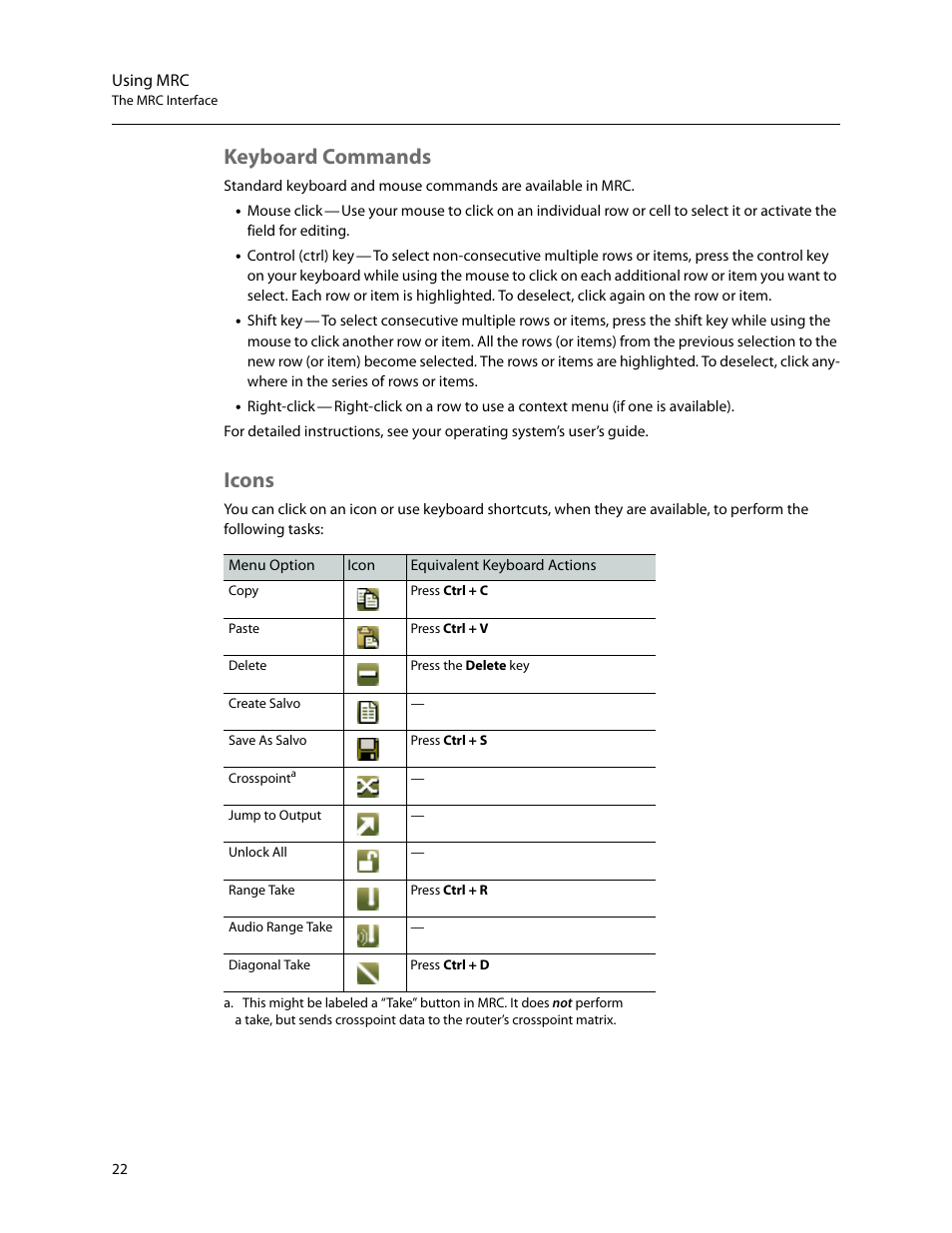 Keyboard commands, Icons, Keyboard commands icons | Grass Valley MRC v.1.2 User Manual | Page 32 / 186