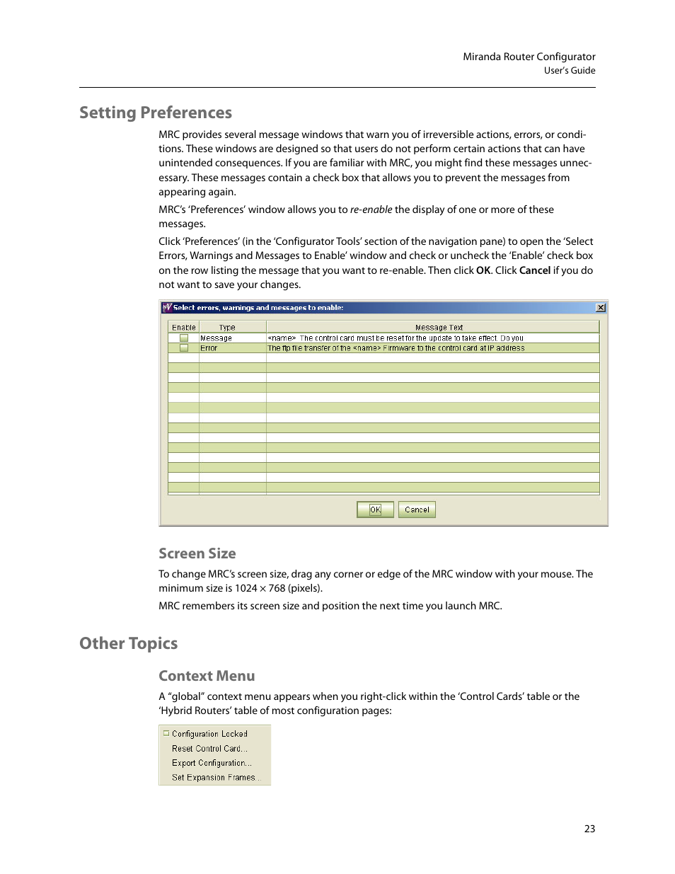 Setting preferences, Screen size, Other topics | Context menu | Grass Valley MRC v.1.2 User Manual | Page 33 / 186