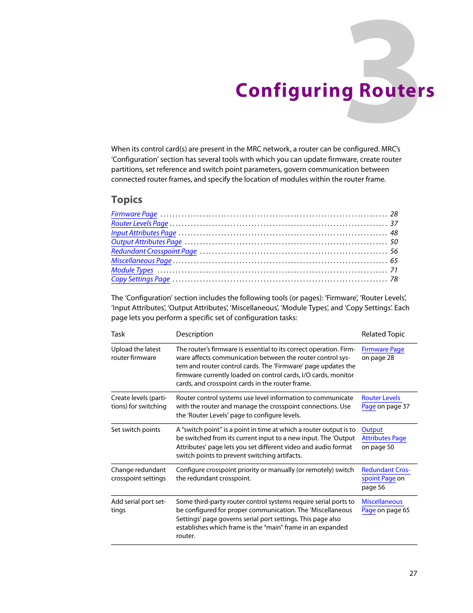 Configuring routers, 3 configuring routers, Topics | Grass Valley MRC v.1.2 User Manual | Page 37 / 186