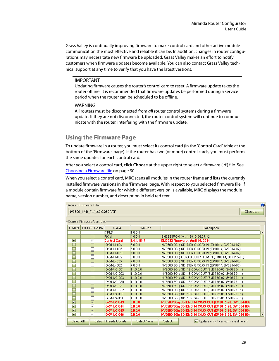 Using the firmware page | Grass Valley MRC v.1.2 User Manual | Page 39 / 186