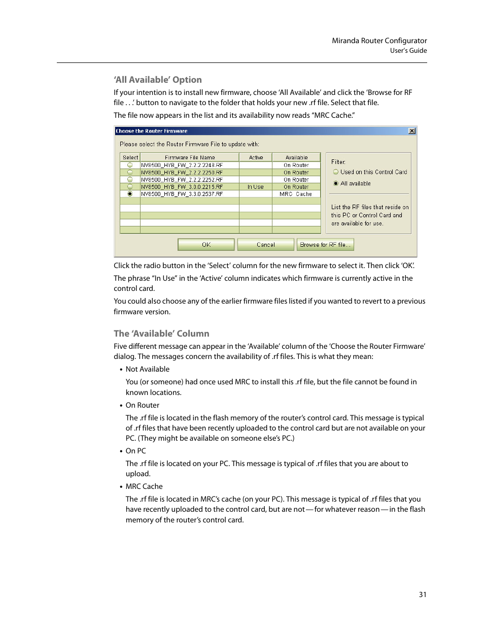 All available’ option the ‘available’ column, All available’ option, The ‘available’ column | Grass Valley MRC v.1.2 User Manual | Page 41 / 186
