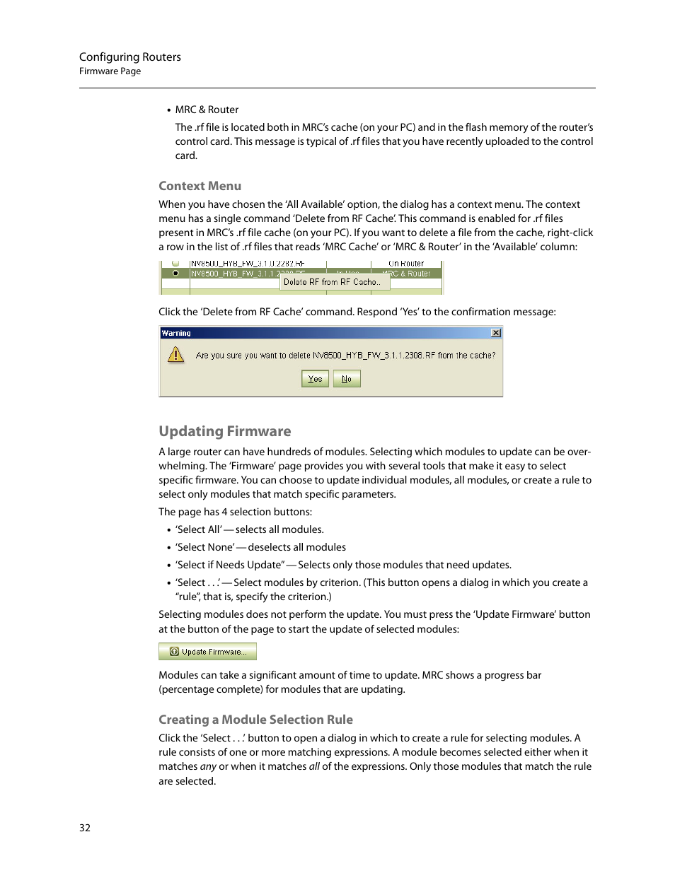 Updating firmware, Context menu, Creating a module selection rule | Grass Valley MRC v.1.2 User Manual | Page 42 / 186